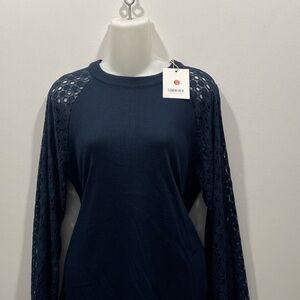 Miholl M Navy Blue Lace Sleeve Blouse. Zipper in Back.